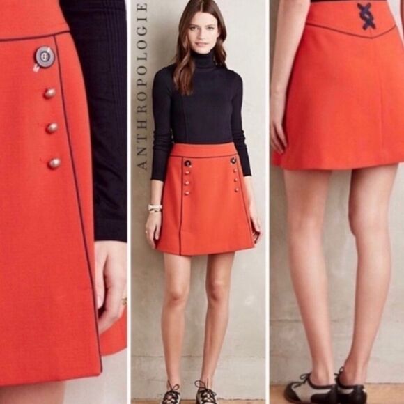Anthropologie Leifsdottir orange nautical double row front button short skirt 0P - Picture 1 of 4